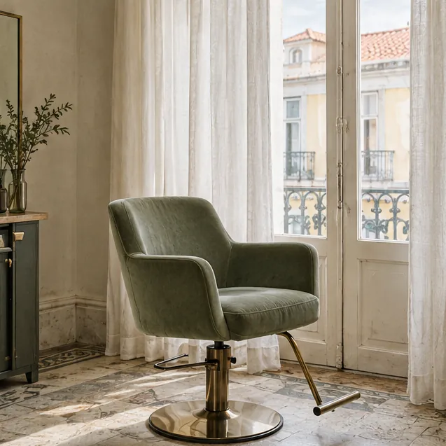 A sage velvet styling chair beside a tall window