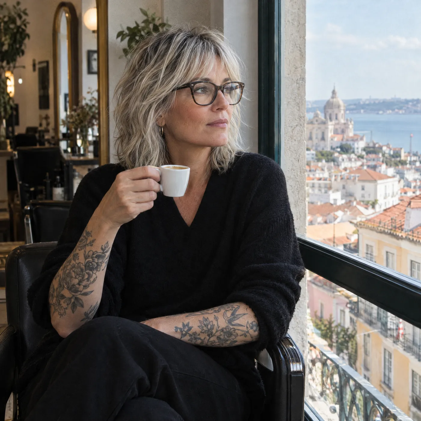 Inês Moura by the salon window with a coffee