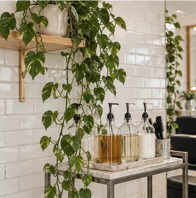 The salon corner with plants and refill bottles