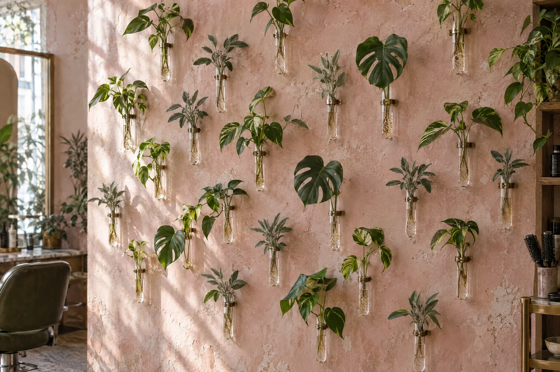 The propagation wall: glass tubes with cuttings on blush plaster