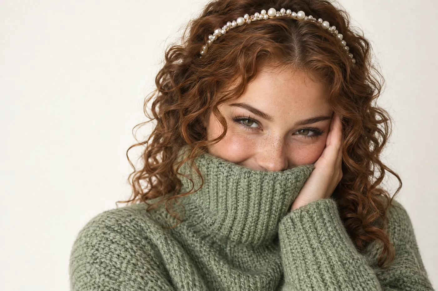 A guest in a sage knit, smiling over her collar