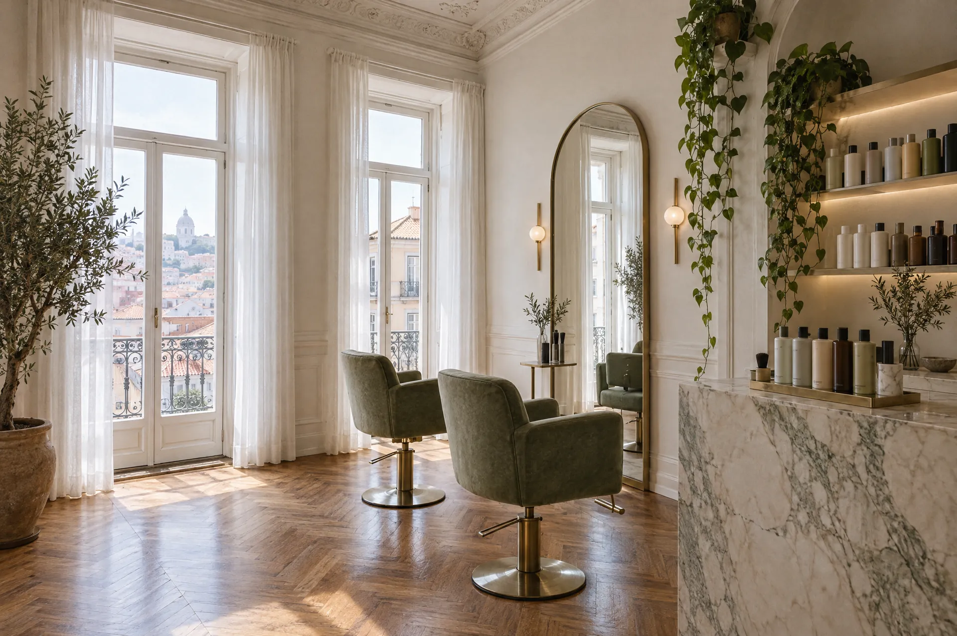 The salon: herringbone oak, two sage chairs and an arched mirror
