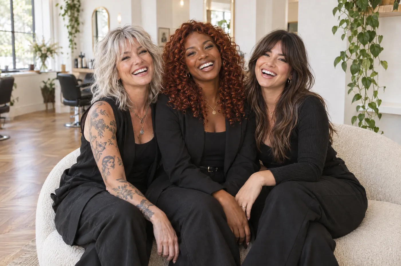 Inês, Ama and Marta laughing on the boucle sofa in the salon